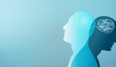 Metaphor bipolar disorder mind mental. Double face. Split personality. Concept mood disorder. Psychology. Dual personality concept. 2 Head silhouette.Mental health. Tangle and untangle